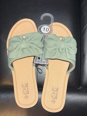 Eve Sage Green Bow Slide Sandals with Pearl Accent
